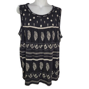 Lucky Brand Womens Embroidery Print Tank Top Large Black Linen Blend Boho Hippie